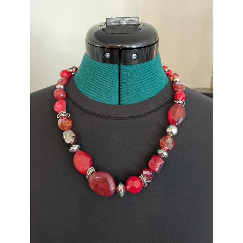 Chunky Red Beaded Necklace, Mixed Stones, 20-21 Inch, Good Condition